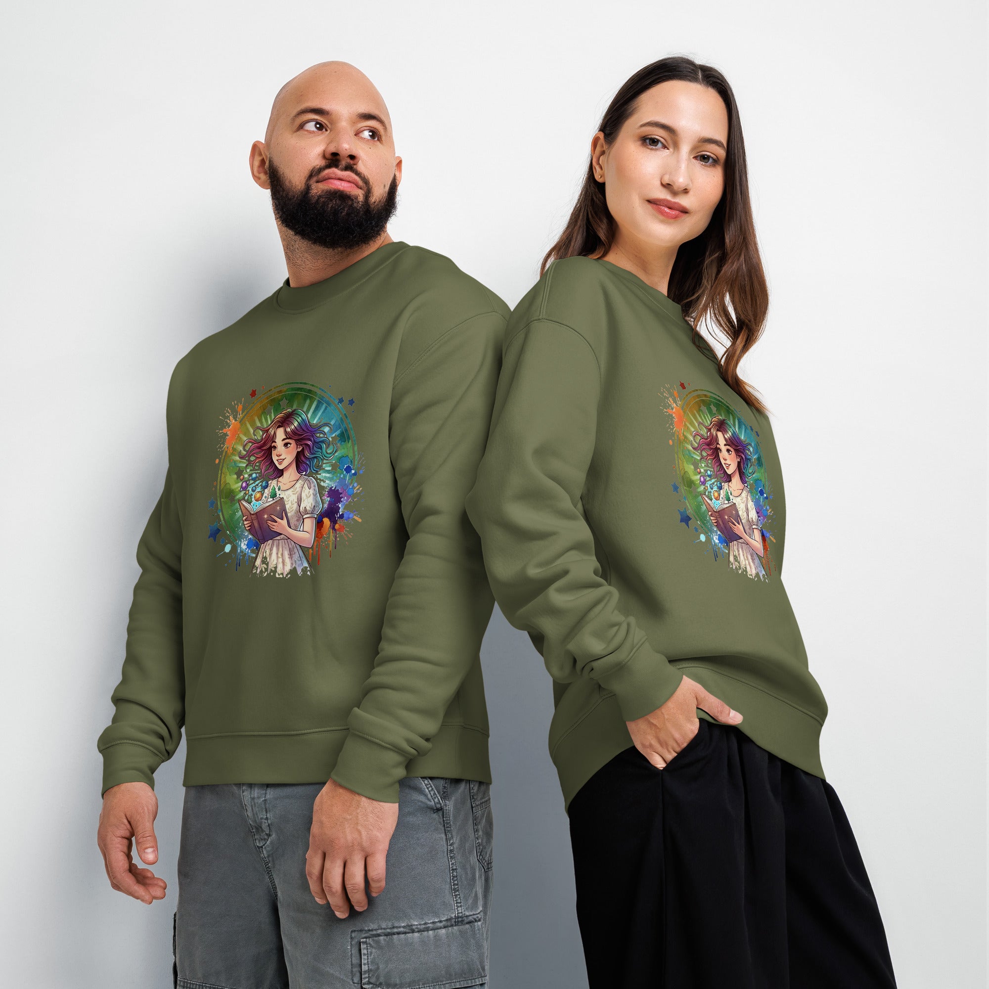 Two people wearing green sweatshirts with a colorful graphic design on a plain background