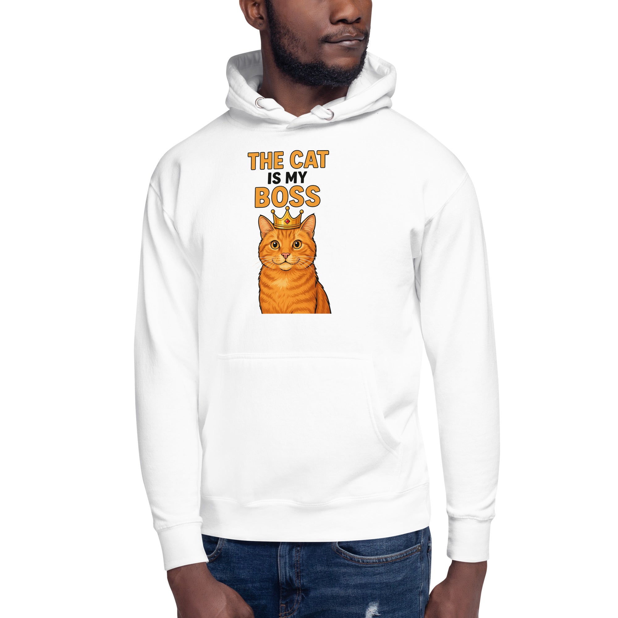 White hoodie with a cat graphic and 'The Cat is My Boss' text on a white background