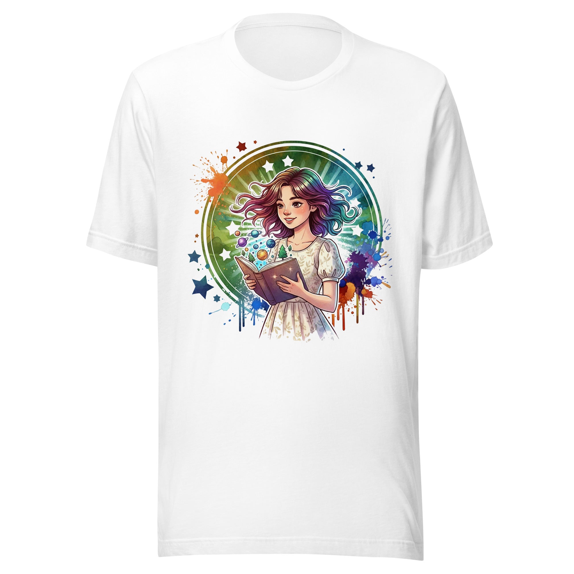 White t-shirt with a colorful graphic of a girl holding a book on a white background