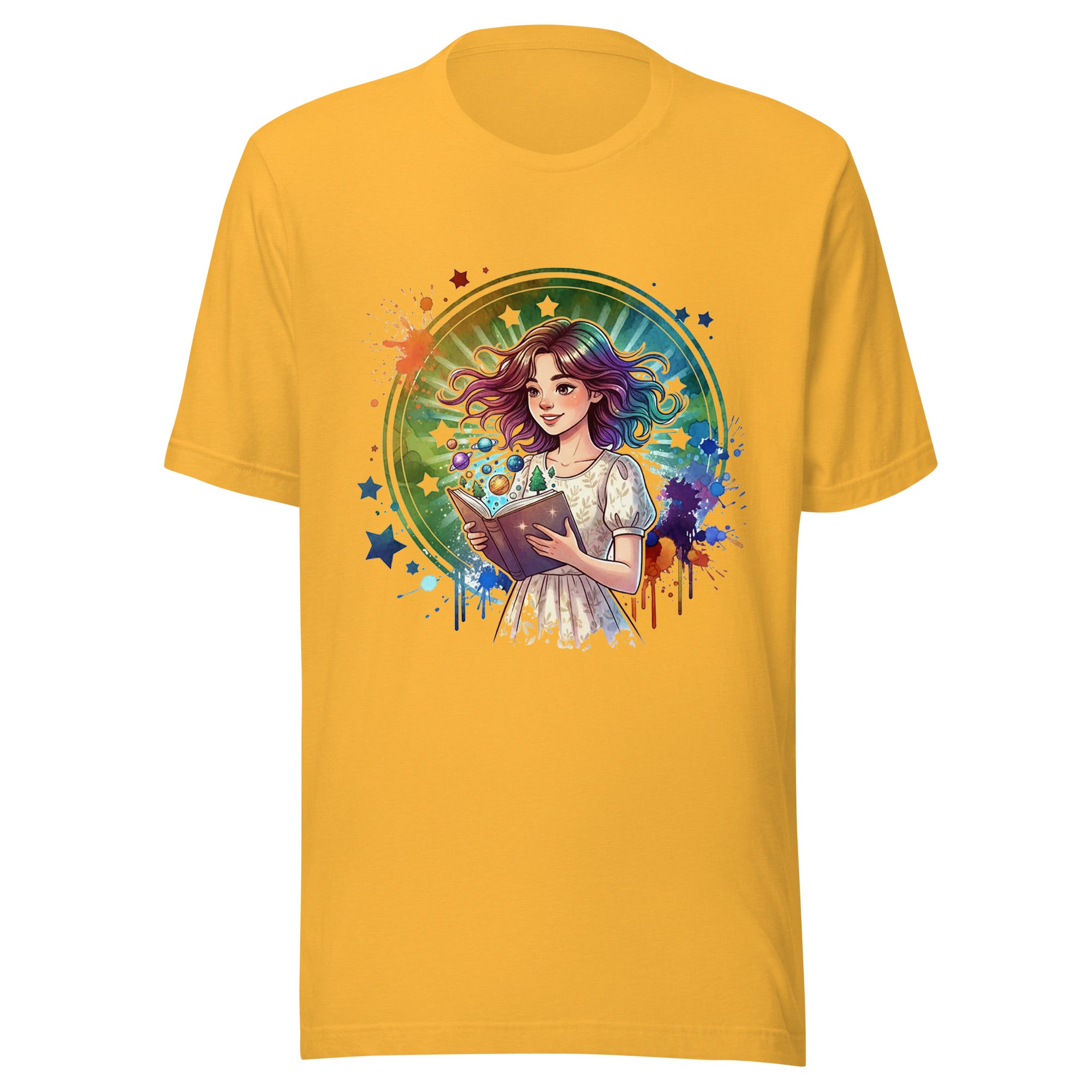 Yellow t-shirt with a colorful graphic of a girl holding a book on a white background