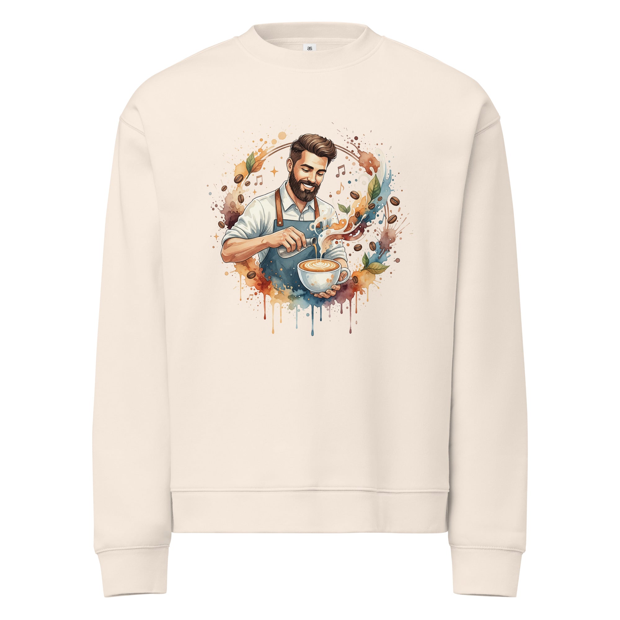 Beige sweatshirt with a graphic of a barista and coffee beans on a white background