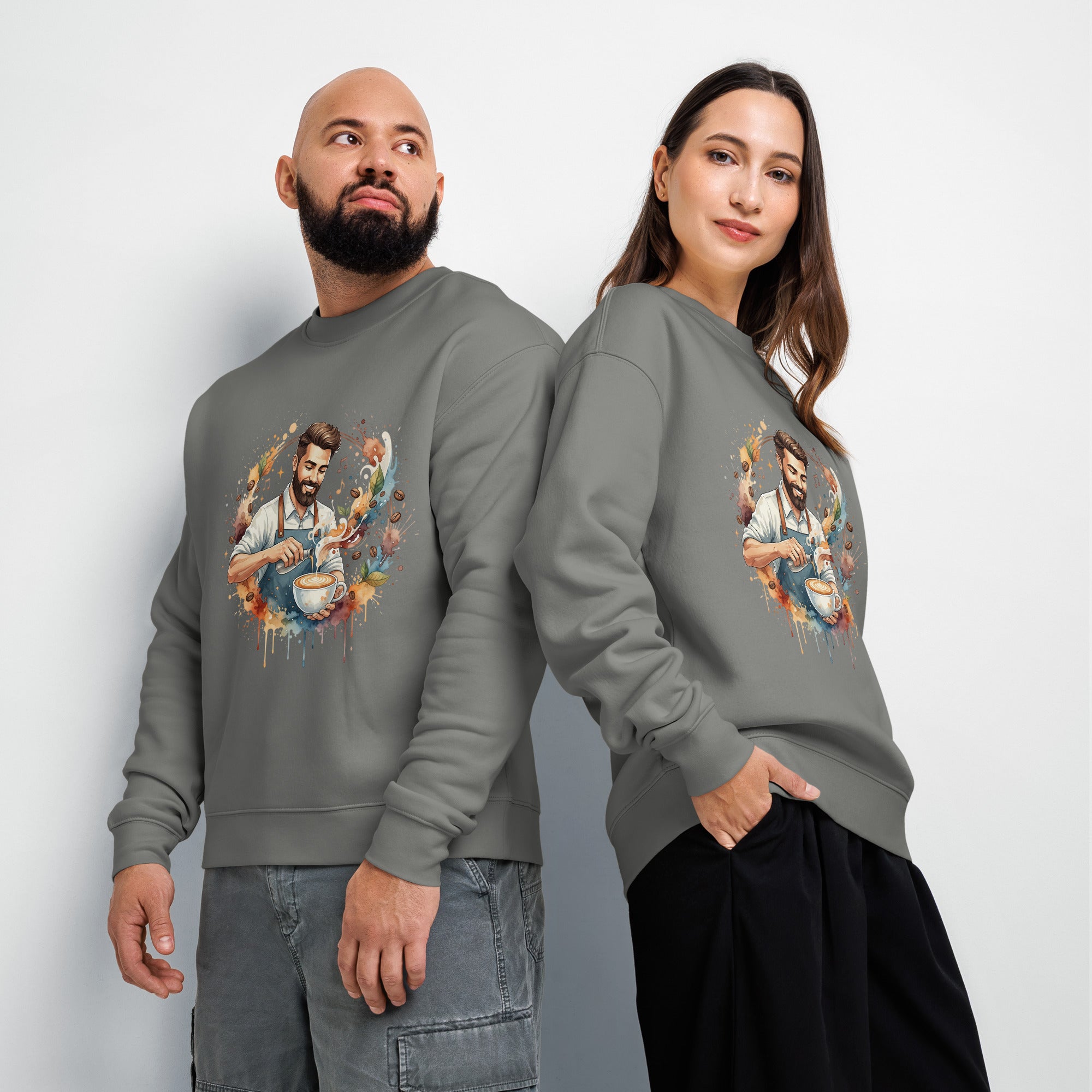 Two people wearing gray sweatshirts with a graphic design on a white background