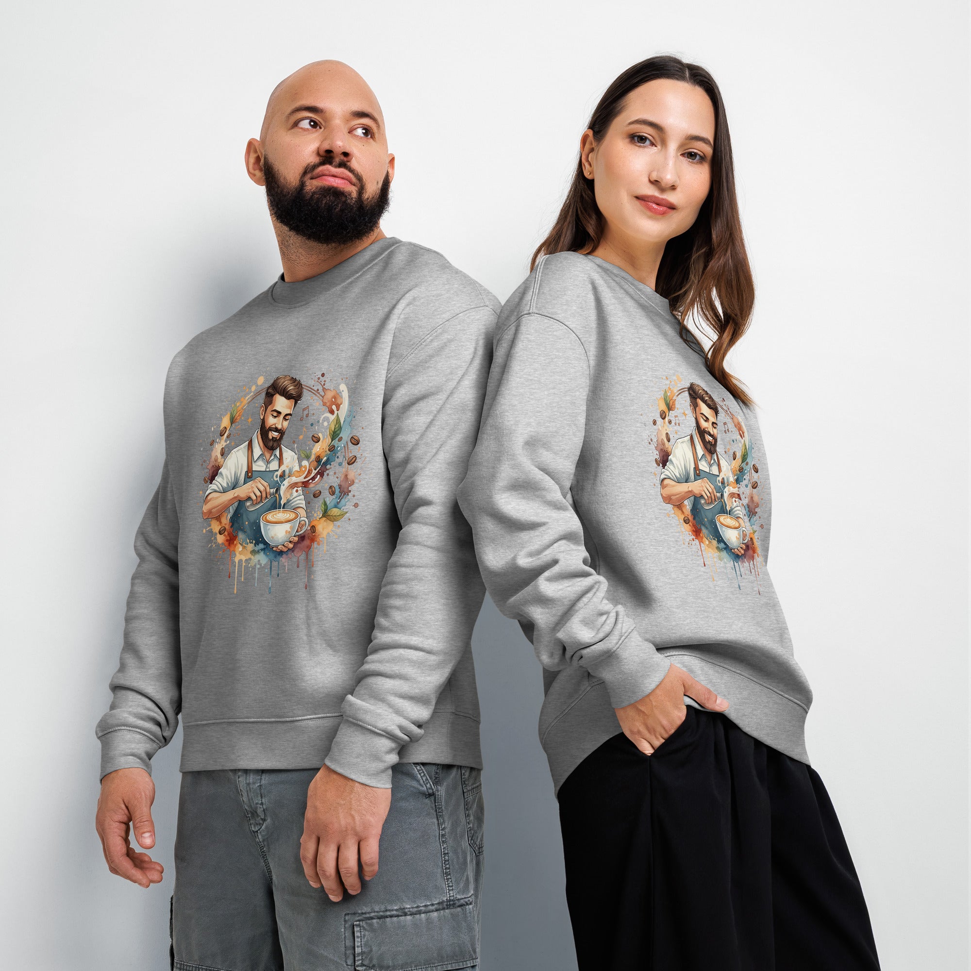Two people wearing gray sweatshirts with a graphic design on a plain background