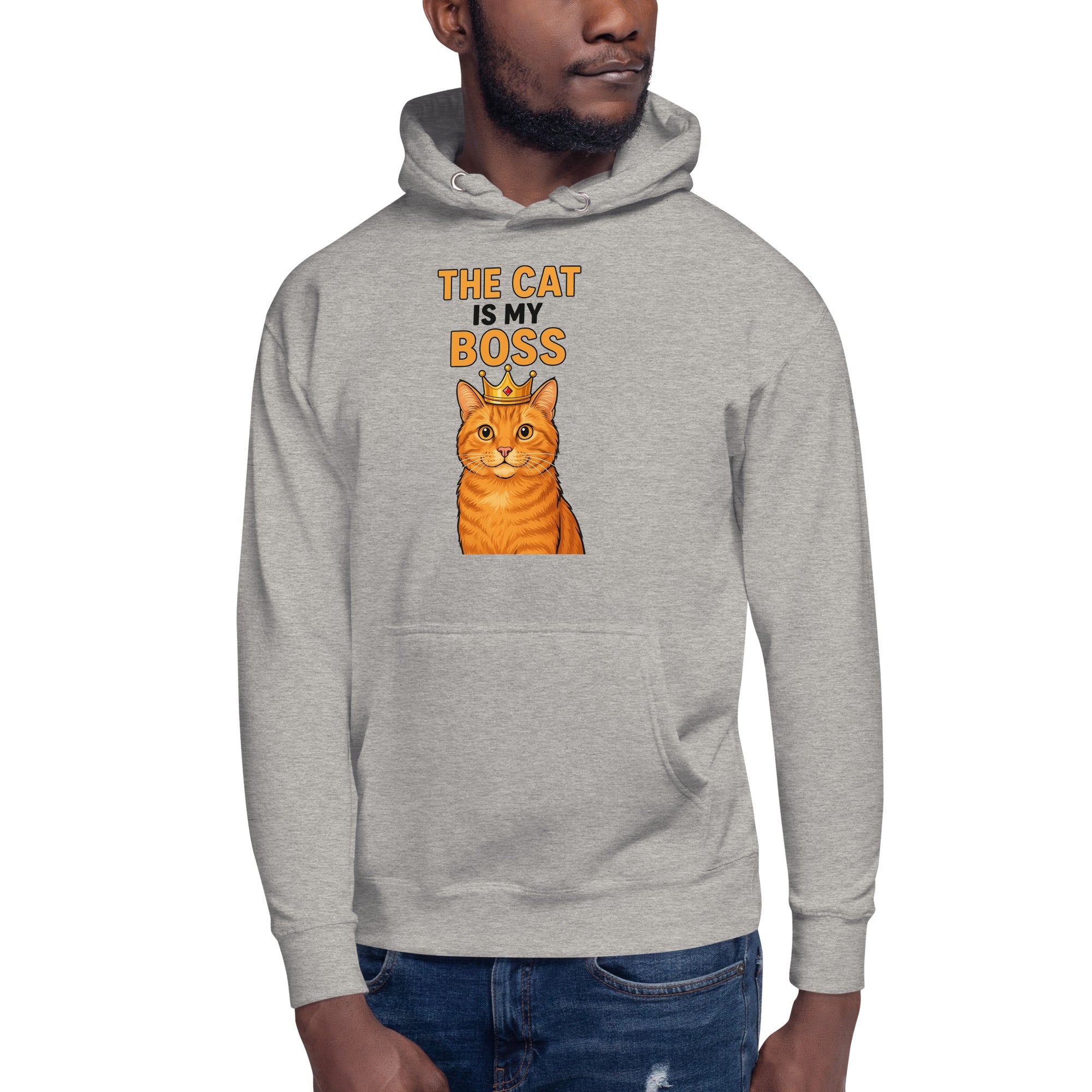 Gray hoodie with a cat graphic and text on a white background