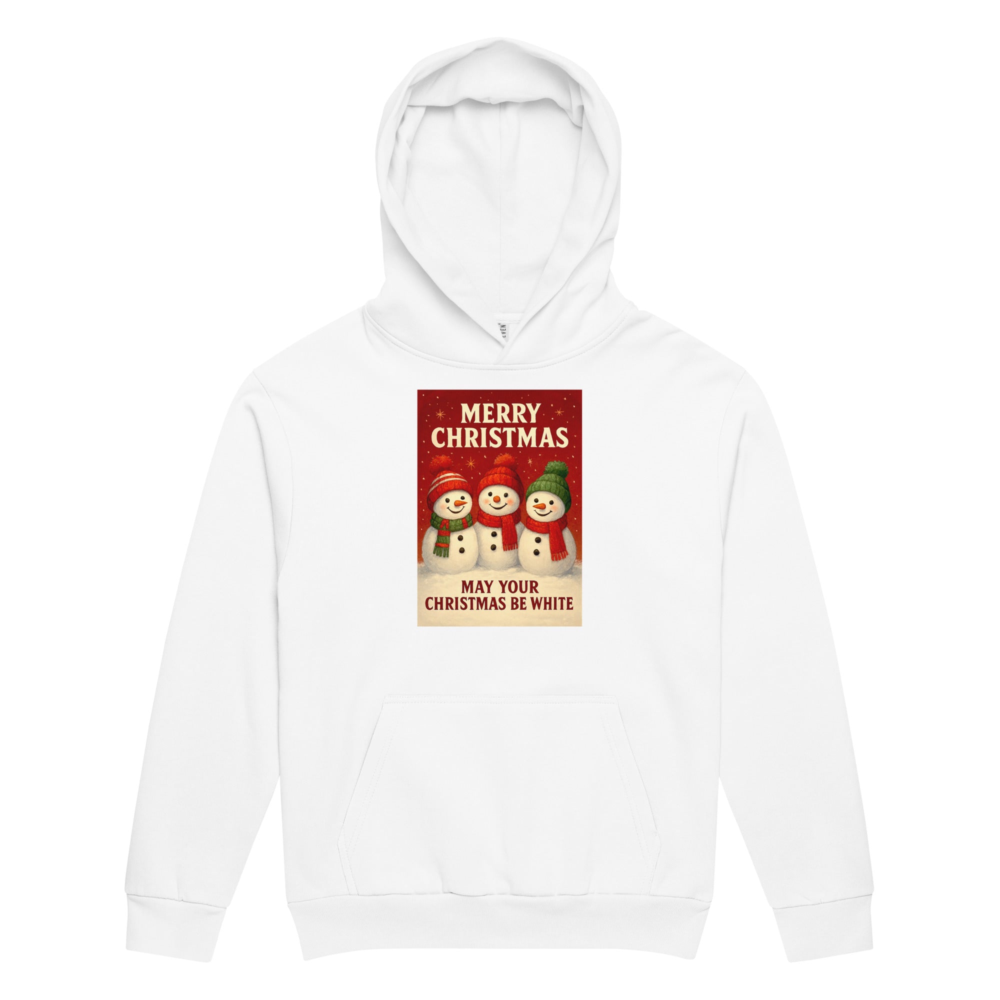 Clean white heavyweight Christmas hoodie featuring a vibrant print of three cute snowmen wearing scarves and hats, with the holiday text "Merry Christmas May Your Christmas Be White."