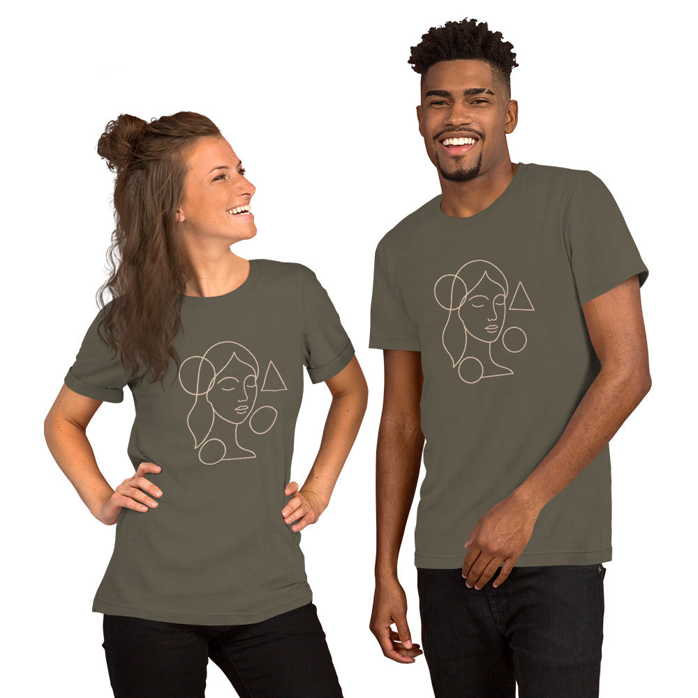Two people wearing matching green t-shirts with a face design on a white background
