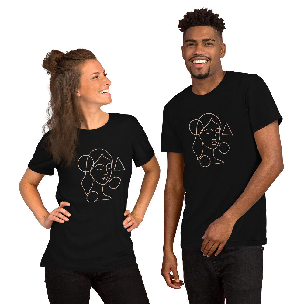 Two people wearing black t-shirts with a face design on a white background