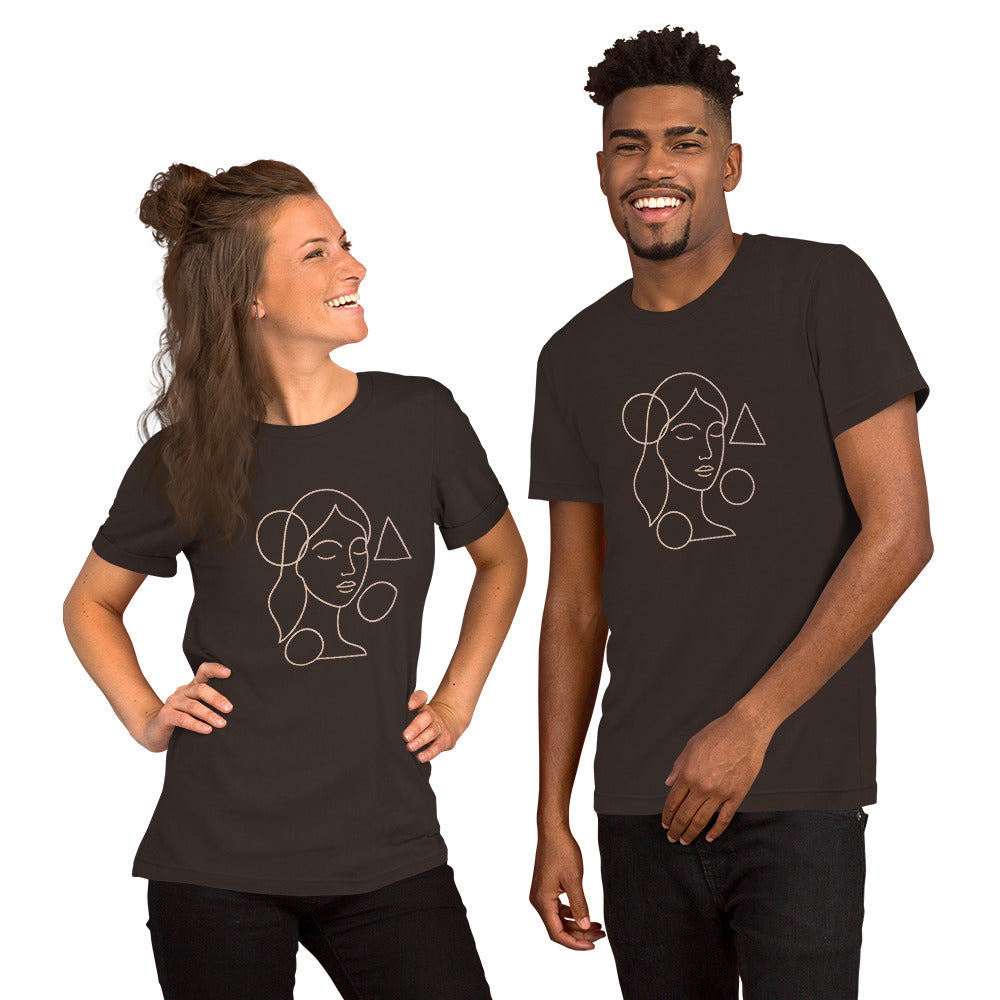 Two people wearing black t-shirts with a face design on a white background