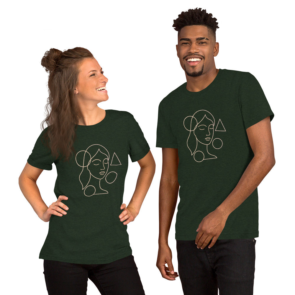 Two people wearing green t-shirts with a face design on a white background