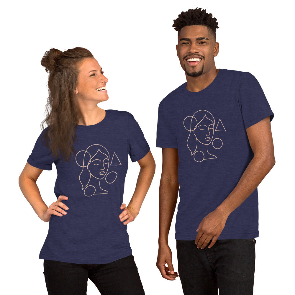 Two people wearing navy blue t-shirts with abstract face designs on a white background