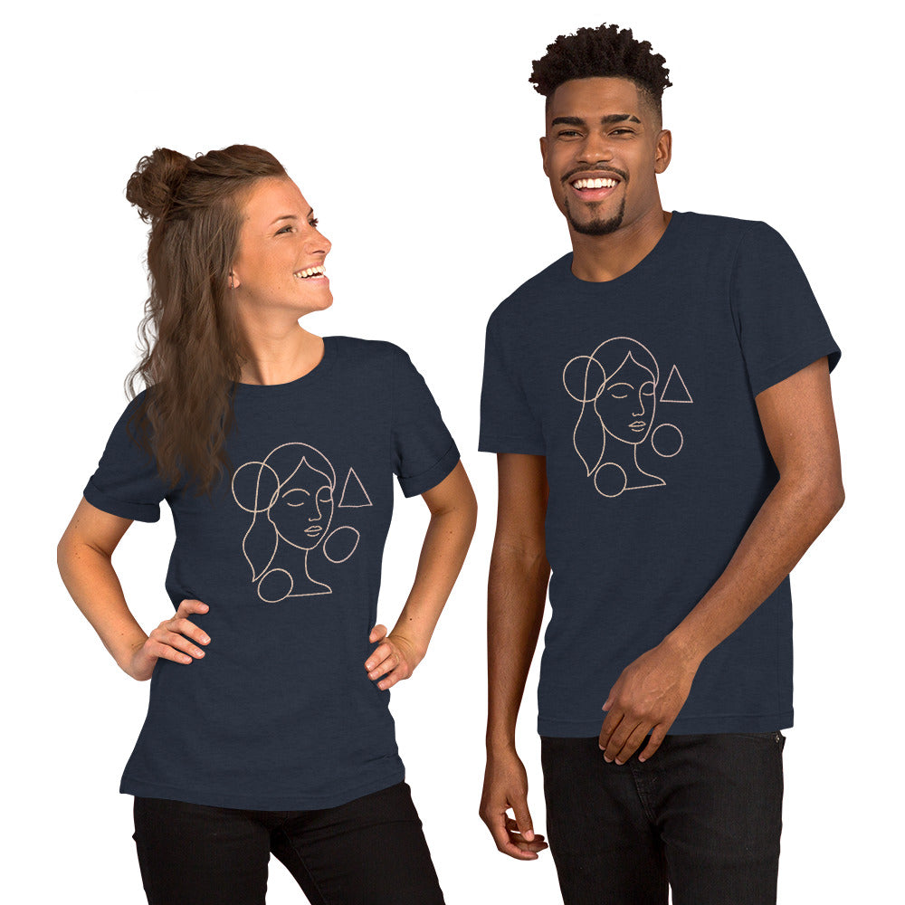 Two people wearing navy blue t-shirts with a face design on a white background
