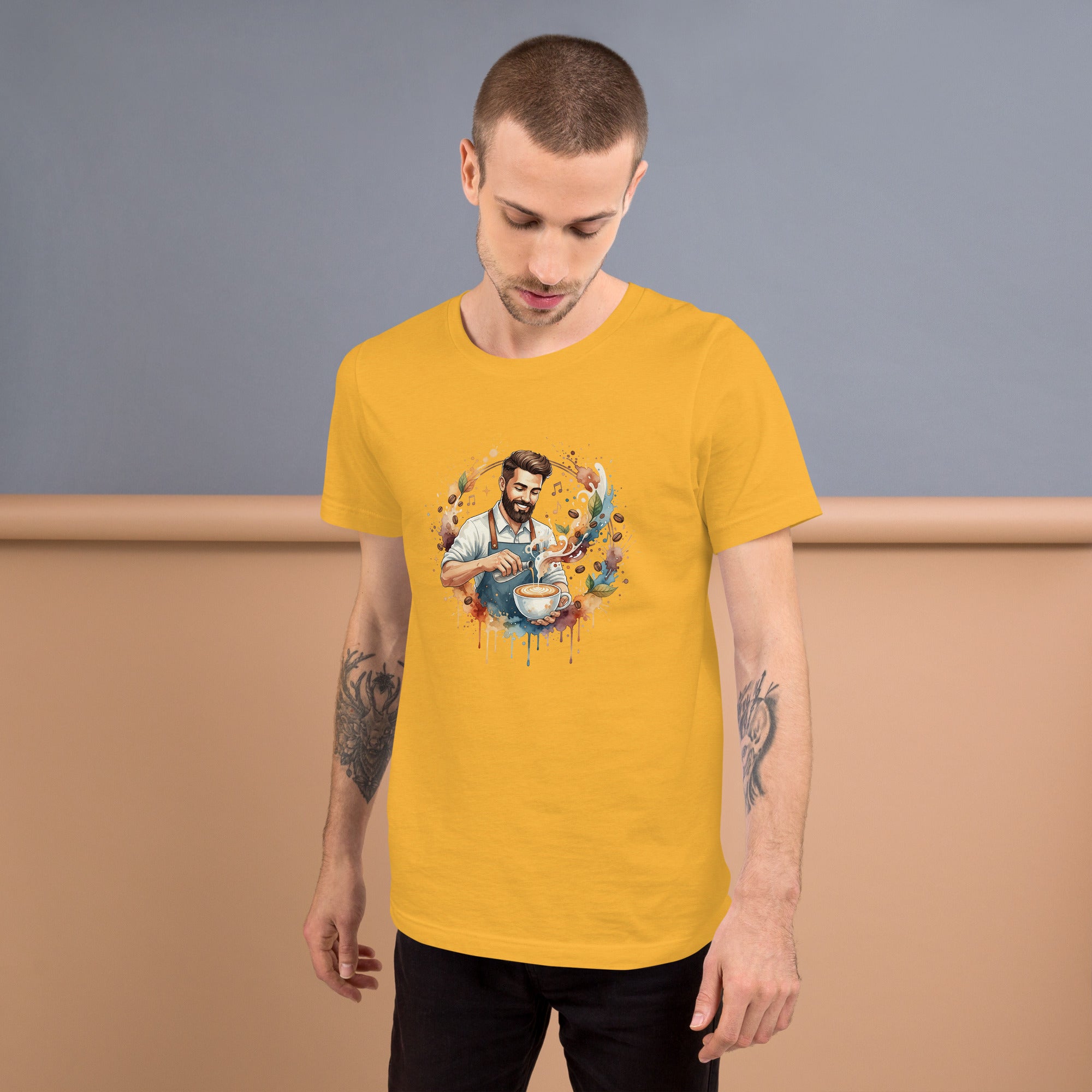 T-Shirt with watercolor graphic of a smiling barista making latte art