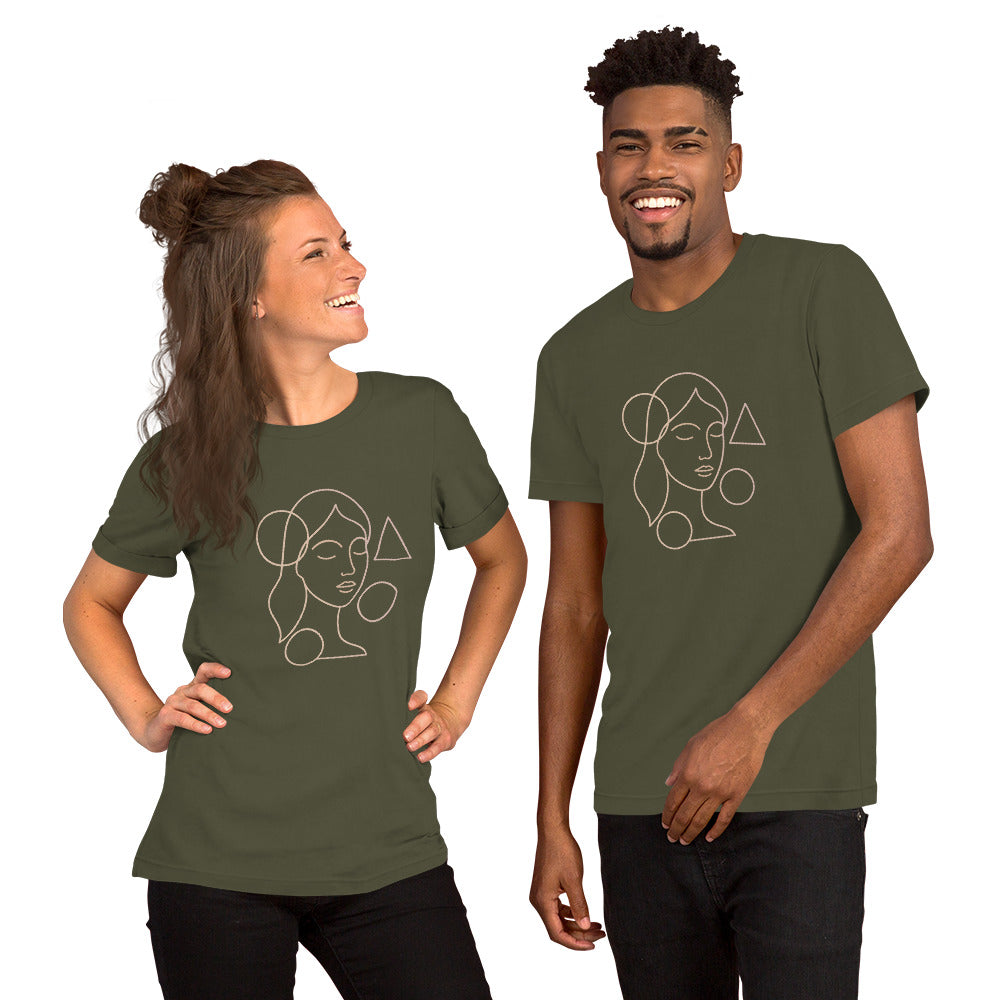 Two people wearing green t-shirts with a face design on a white background