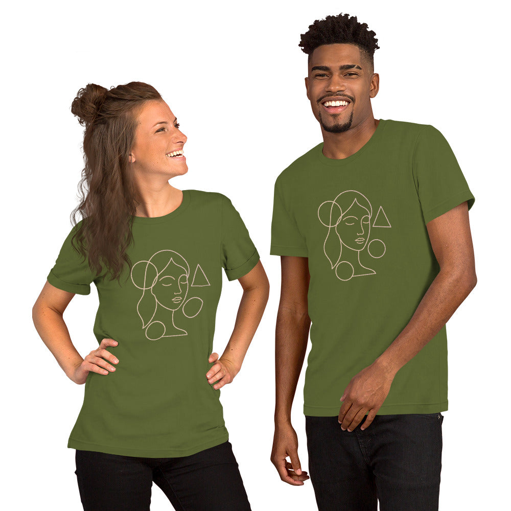 Two people wearing green t-shirts with a face design on a white background