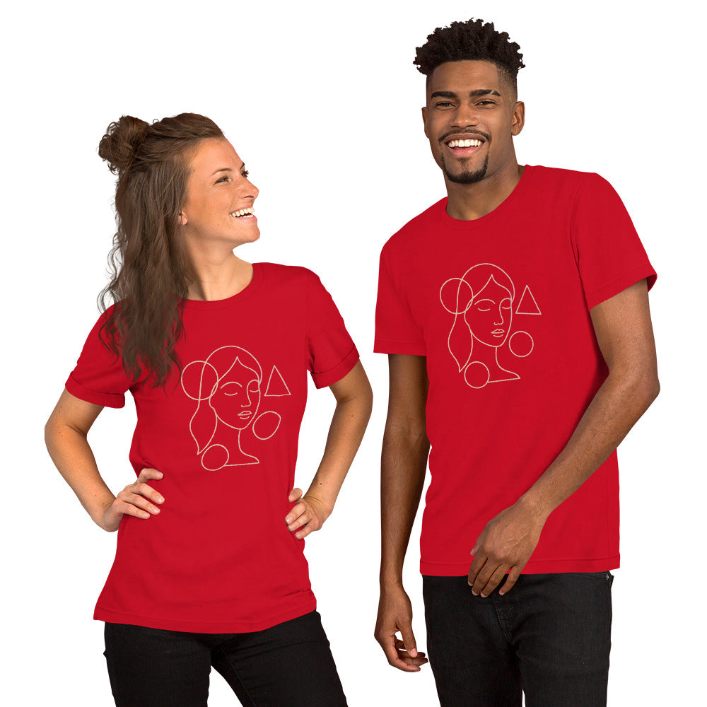 Two people wearing red t-shirts with a graphic design on a white background