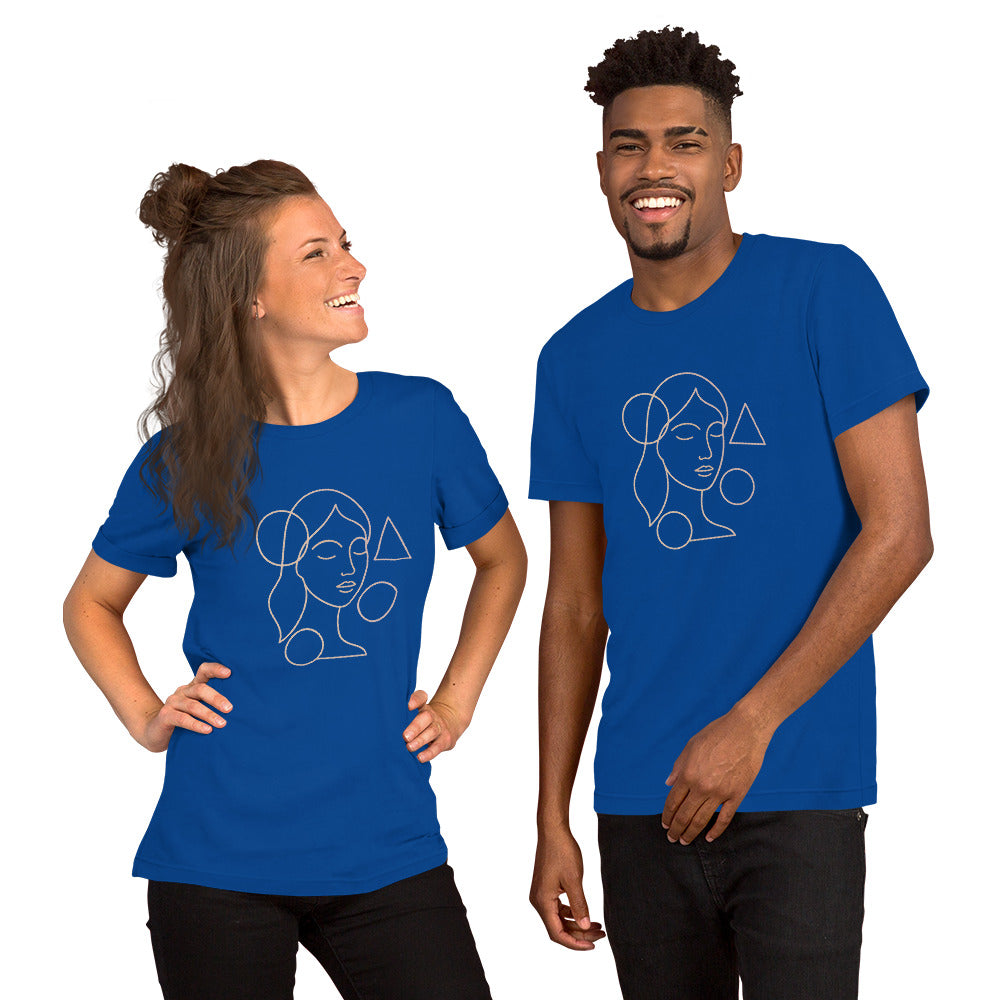 Two people wearing blue t-shirts with a face design on a white background
