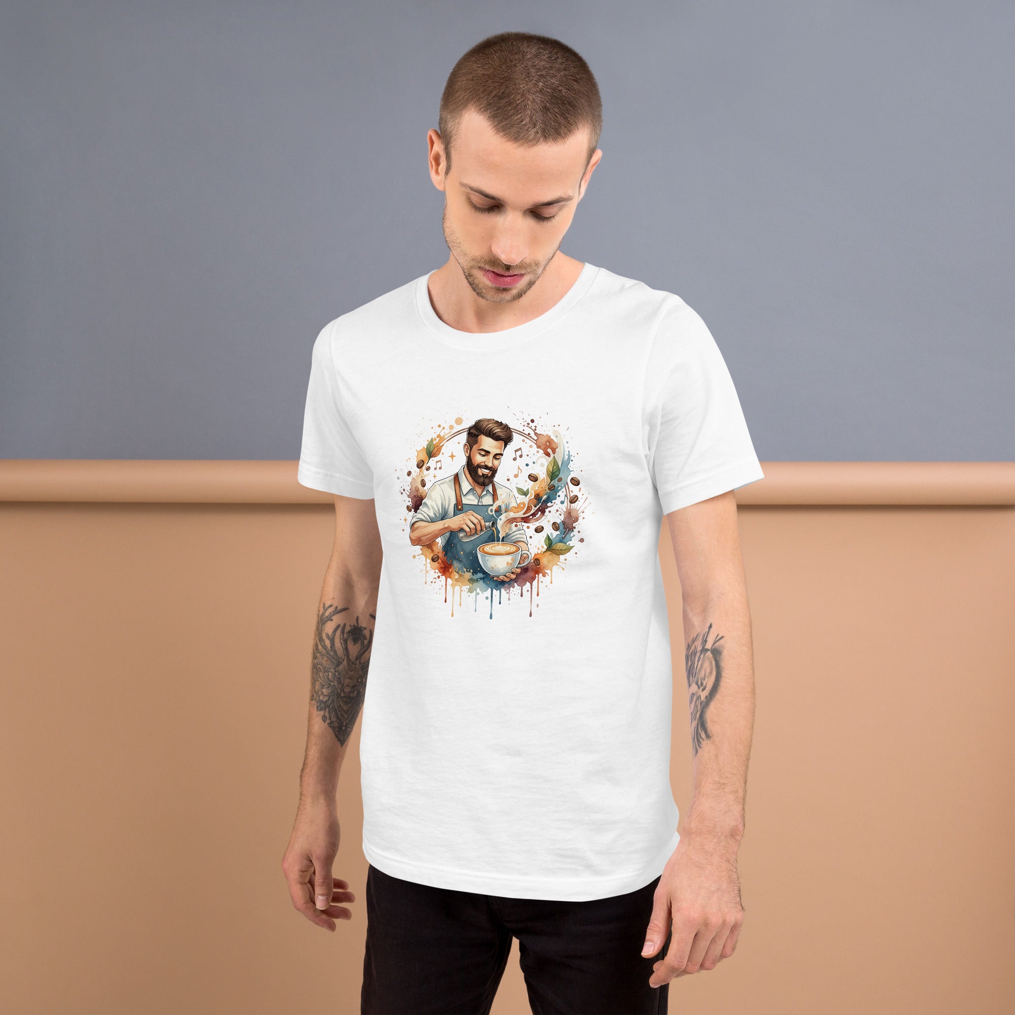 T-Shirt with watercolor graphic of a smiling barista making latte art